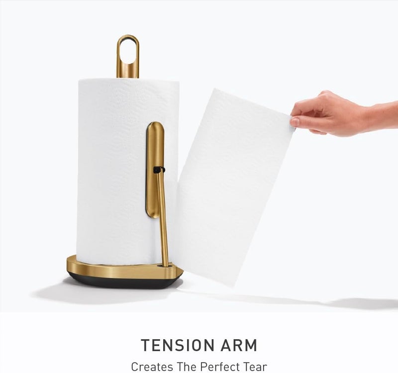 Simple Human Tension Arm Standing Paper Towel Holder, Heavy-Duty, Easy One-Handed Tear, Kitchen Countertop, Brass Stainless Steel - Image 3